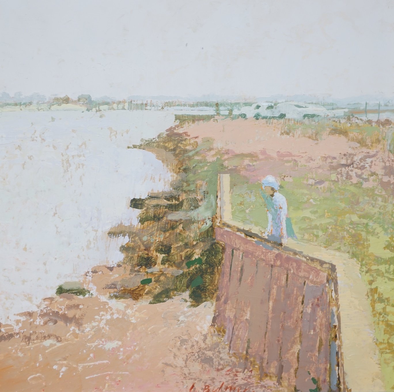 Lionel Bulmer (English, 1919-1991), oil on board, 'Sea Wall, River Blyth', signed, label verso, 29 x 29cm. Condition - good